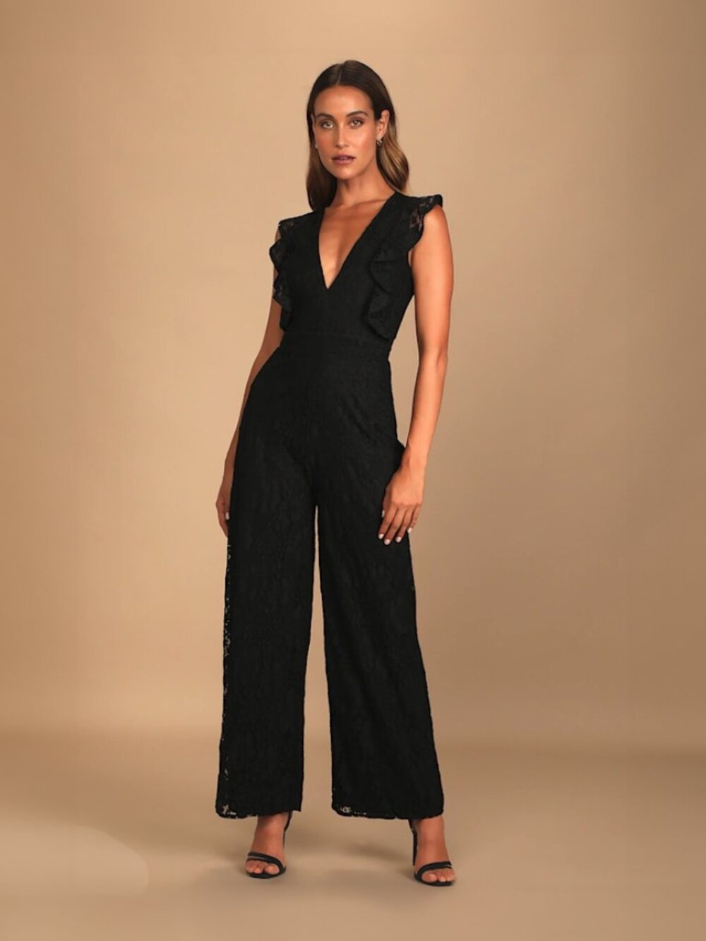 Lulus Molinetto Black Lace Ruffled Sleeveless Jumpsuit